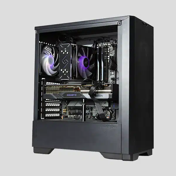 Custom-built gaming PC with RGB lighting and high-performance components